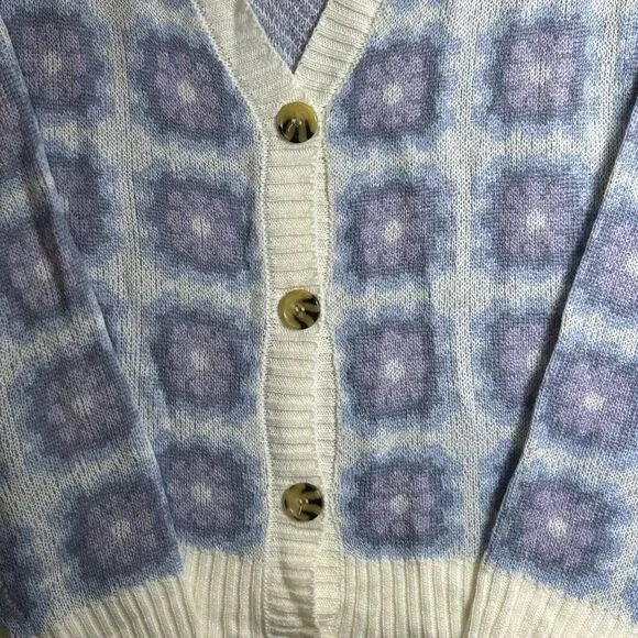 No Comment Knitted Sweater Cardigan Button Front Crop Multi Flower Floral L New - Picture 3 of 12